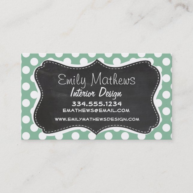 Dark Sea Green Polka Dots; Retro Chalkboard look Business Card (Front)