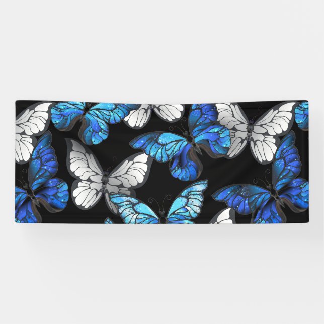 Dark Seamless Pattern with Blue Butterflies Morpho Banner (Horizontal)
