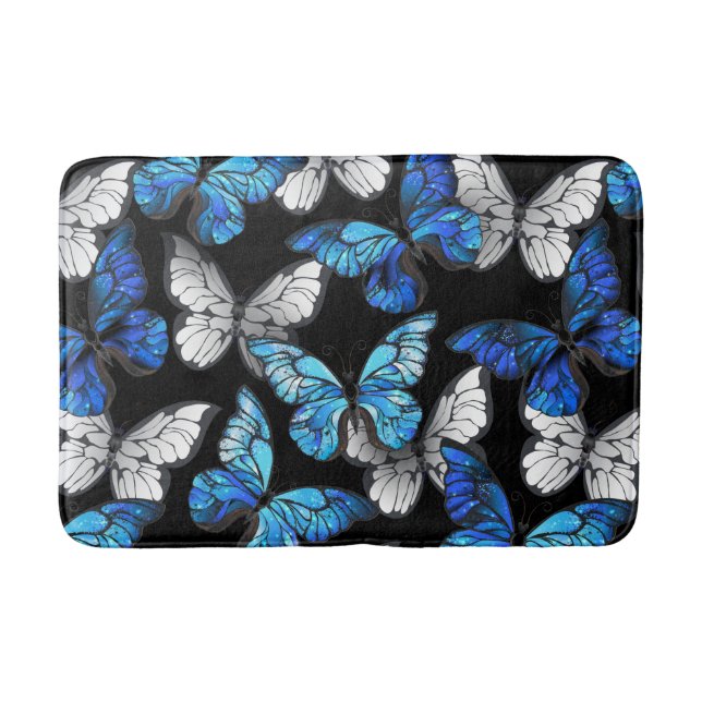 Dark Seamless Pattern with Blue Butterflies Morpho Bath Mat (Front)
