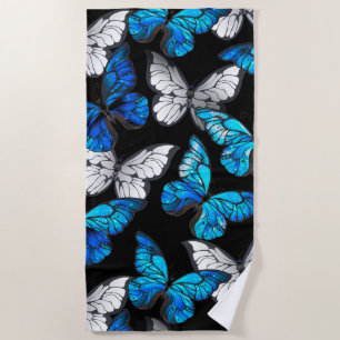 Dark Seamless Pattern with Blue Butterflies Morpho Beach Towel