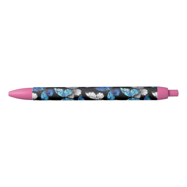 Dark Seamless Pattern with Blue Butterflies Morpho Black Ink Pen (Front)