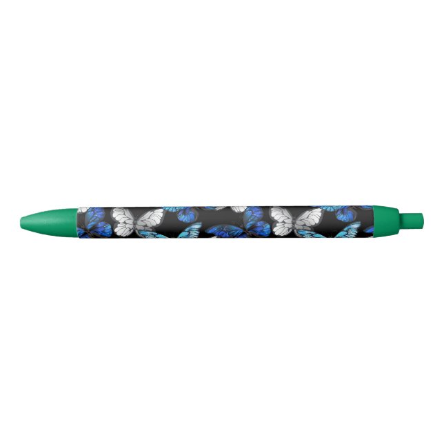Dark Seamless Pattern with Blue Butterflies Morpho Black Ink Pen (Front)