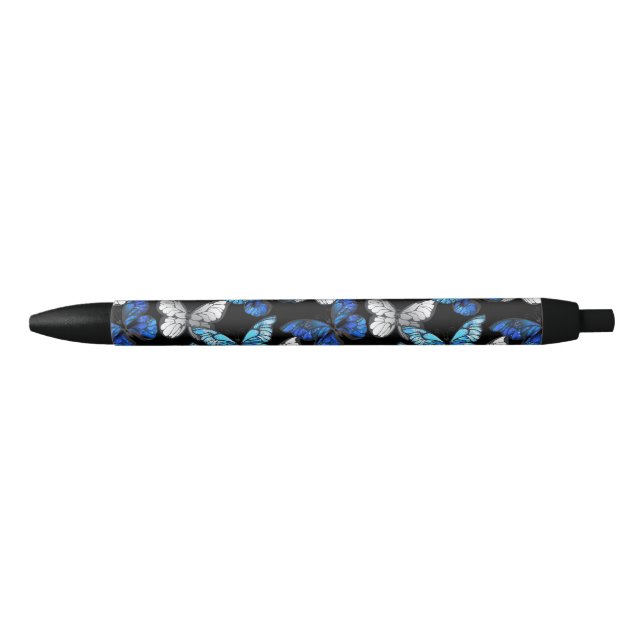 Dark Seamless Pattern with Blue Butterflies Morpho Black Ink Pen (Front)