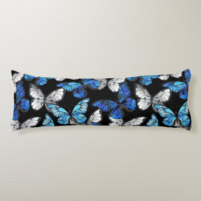Dark Seamless Pattern with Blue Butterflies Morpho Body Cushion (Front)