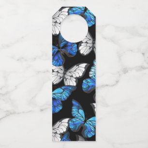 Dark Seamless Pattern with Blue Butterflies Morpho Bottle Tag