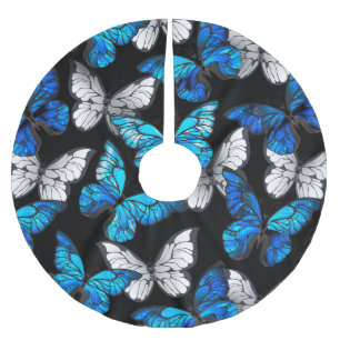 Dark Seamless Pattern with Blue Butterflies Morpho Brushed Polyester Tree Skirt