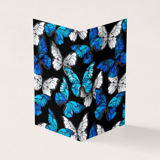 Dark Seamless Pattern with Blue Butterflies Morpho Business Card (Outside)