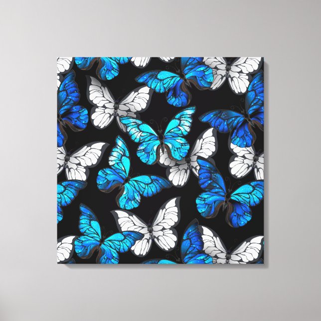 Dark Seamless Pattern with Blue Butterflies Morpho Canvas Print (Front)