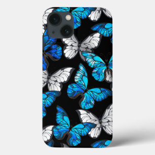 Dark Seamless Pattern with Blue Butterflies Morpho iPhone 13 Case