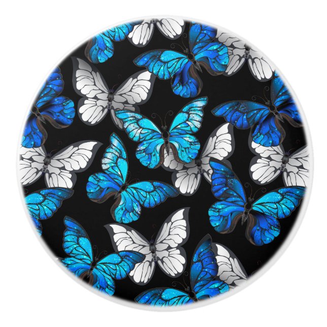 Dark Seamless Pattern with Blue Butterflies Morpho Ceramic Knob (Front)