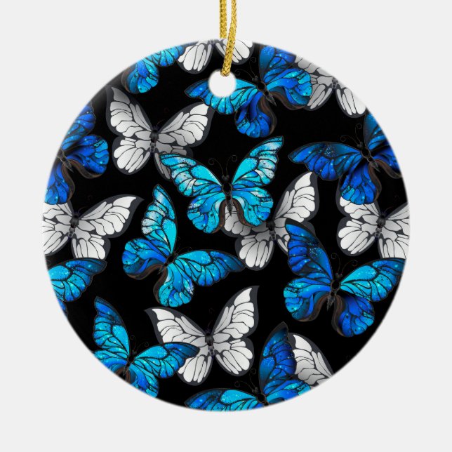 Dark Seamless Pattern with Blue Butterflies Morpho Ceramic Tree Decoration (Front)