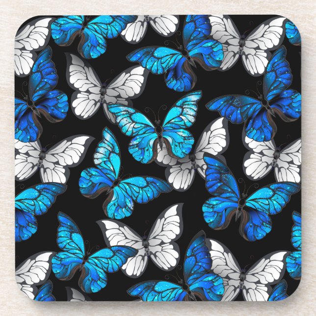 Dark Seamless Pattern with Blue Butterflies Morpho Coaster (Front)