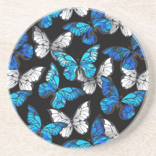 Dark Seamless Pattern with Blue Butterflies Morpho Coaster (Front)