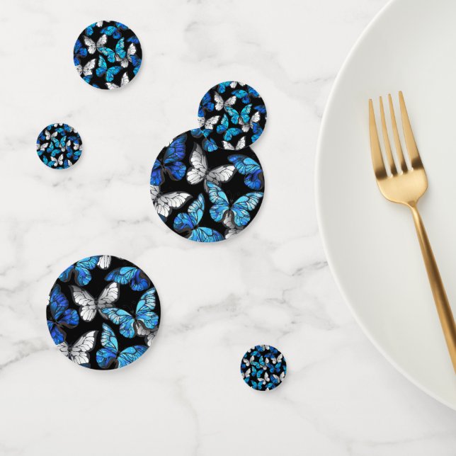 Dark Seamless Pattern with Blue Butterflies Morpho Confetti (Group)