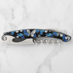 Dark Seamless Pattern with Blue Butterflies Morpho Corkscrew