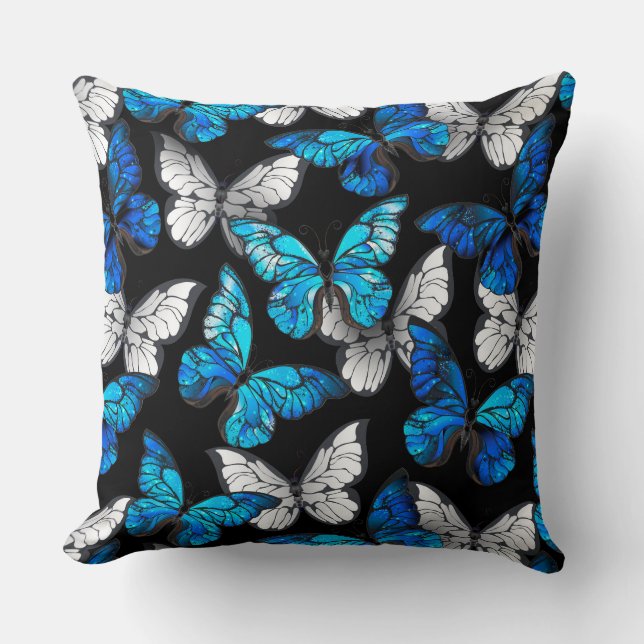 Dark Seamless Pattern with Blue Butterflies Morpho Cushion (Front)
