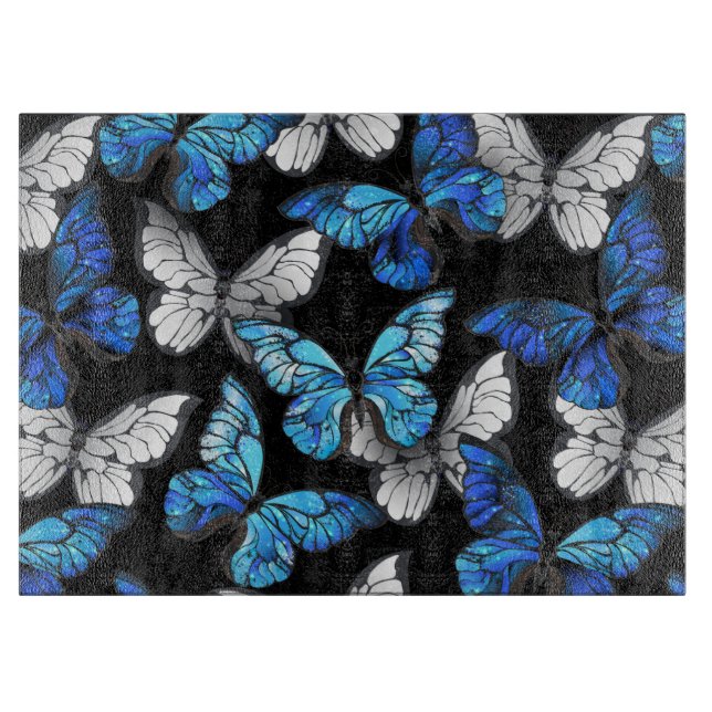 Dark Seamless Pattern with Blue Butterflies Morpho Cutting Board (Front)