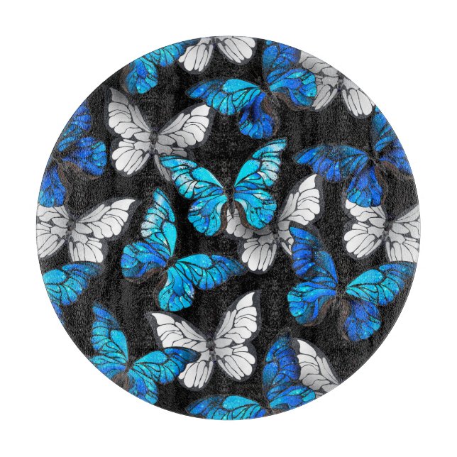Dark Seamless Pattern with Blue Butterflies Morpho Cutting Board (Front)
