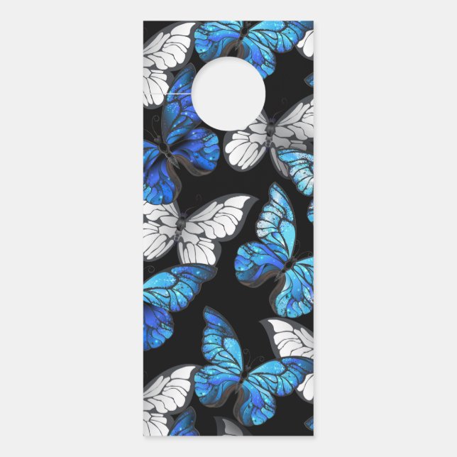 Dark Seamless Pattern with Blue Butterflies Morpho Door Hanger (Front)