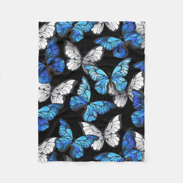 Dark Seamless Pattern with Blue Butterflies Morpho Fleece Blanket (Front)