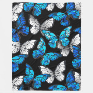 Dark Seamless Pattern with Blue Butterflies Morpho Fleece Blanket