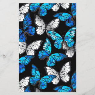 Dark Seamless Pattern with Blue Butterflies Morpho Flyer