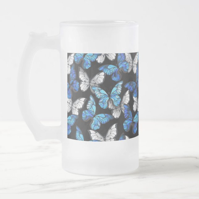 Dark Seamless Pattern with Blue Butterflies Morpho Frosted Glass Beer Mug (Left)