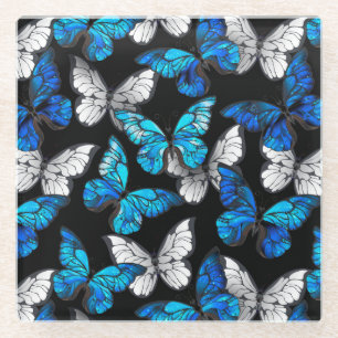 Dark Seamless Pattern with Blue Butterflies Morpho Glass Coaster