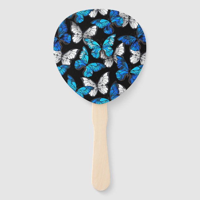 Dark Seamless Pattern with Blue Butterflies Morpho Hand Fan (Front)