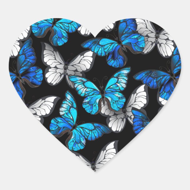 Dark Seamless Pattern with Blue Butterflies Morpho Heart Sticker (Front)