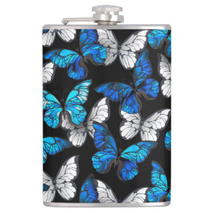 Dark Seamless Pattern with Blue Butterflies Morpho Hip Flask