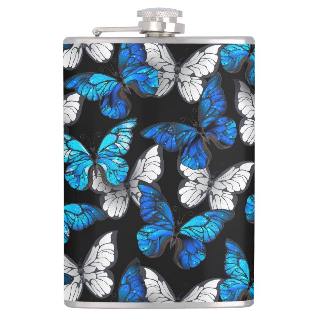 Dark Seamless Pattern with Blue Butterflies Morpho Hip Flask (Front)