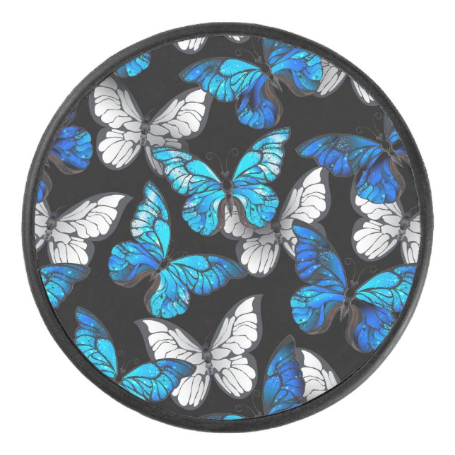 Dark Seamless Pattern with Blue Butterflies Morpho Hockey Puck (Front)