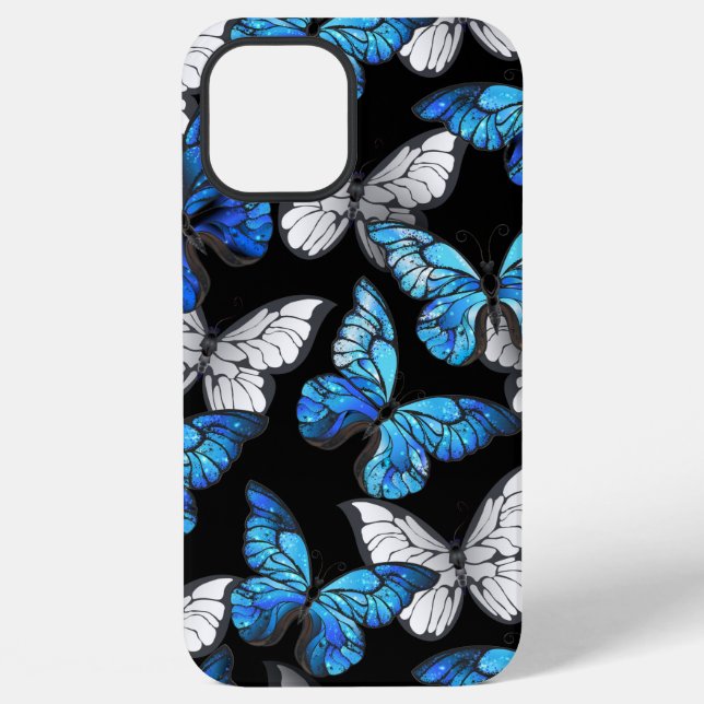 Dark Seamless Pattern with Blue Butterflies Morpho iPhone Case (Back)