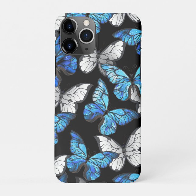 Dark Seamless Pattern with Blue Butterflies Morpho iPhone Case (Back)