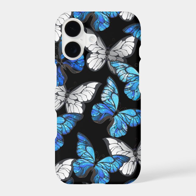 Dark Seamless Pattern with Blue Butterflies Morpho iPhone Case (Back)