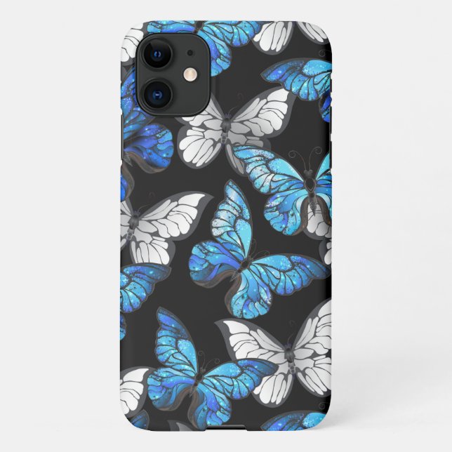 Dark Seamless Pattern with Blue Butterflies Morpho iPhone Case (Back)