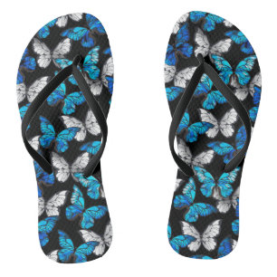 Dark Seamless Pattern with Blue Butterflies Morpho Jandals