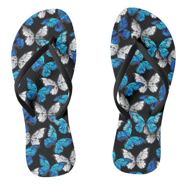 Dark Seamless Pattern with Blue Butterflies Morpho Jandals (Footbed)