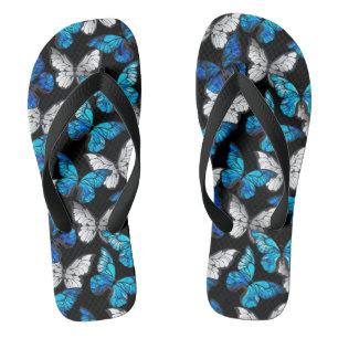 Dark Seamless Pattern with Blue Butterflies Morpho Jandals