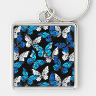 Dark Seamless Pattern with Blue Butterflies Morpho Key Ring