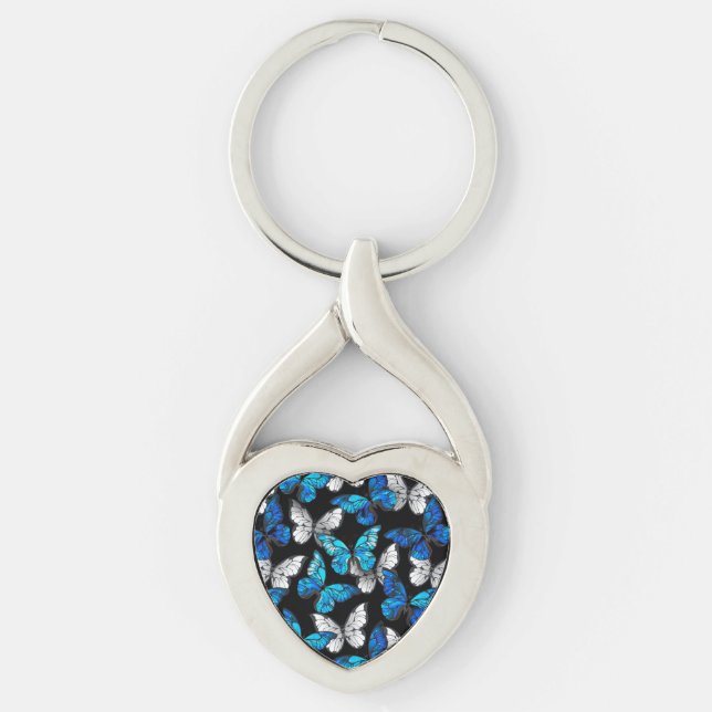 Dark Seamless Pattern with Blue Butterflies Morpho Key Ring (Front)