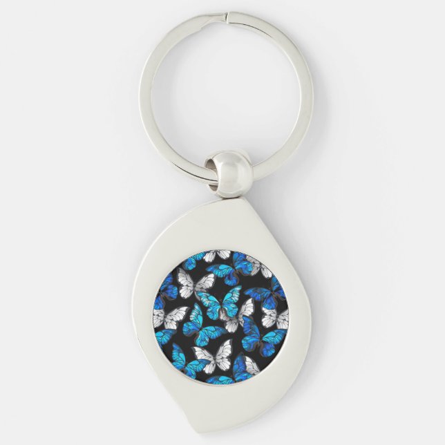 Dark Seamless Pattern with Blue Butterflies Morpho Key Ring (Front)