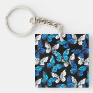 Dark Seamless Pattern with Blue Butterflies Morpho Key Ring