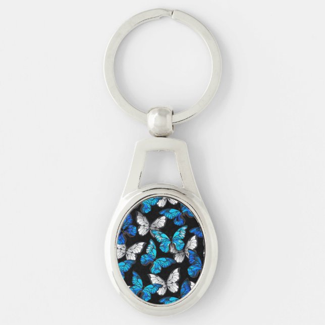 Dark Seamless Pattern with Blue Butterflies Morpho Key Ring (Front)