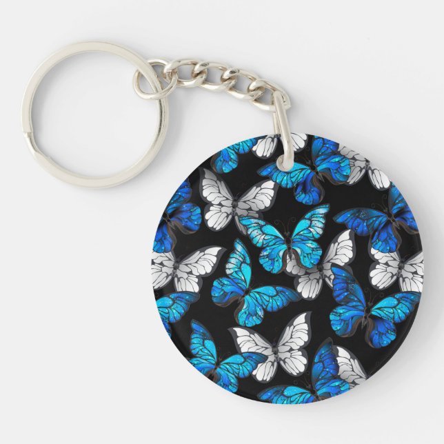 Dark Seamless Pattern with Blue Butterflies Morpho Key Ring (Front)