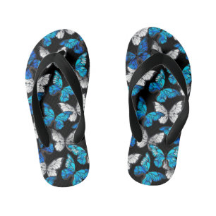 Dark Seamless Pattern with Blue Butterflies Morpho Kid's Jandals