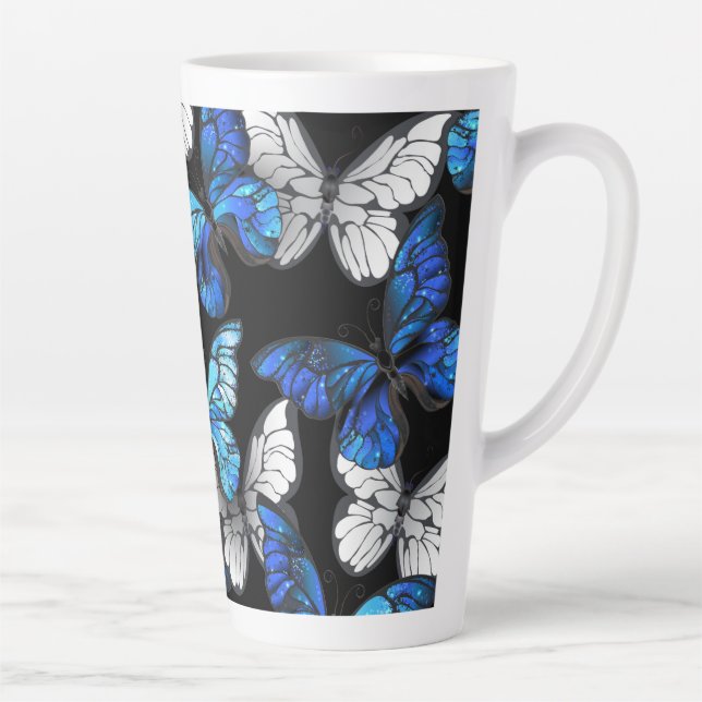 Dark Seamless Pattern with Blue Butterflies Morpho Latte Mug (Right)