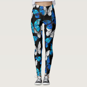 Dark Seamless Pattern with Blue Butterflies Morpho Leggings