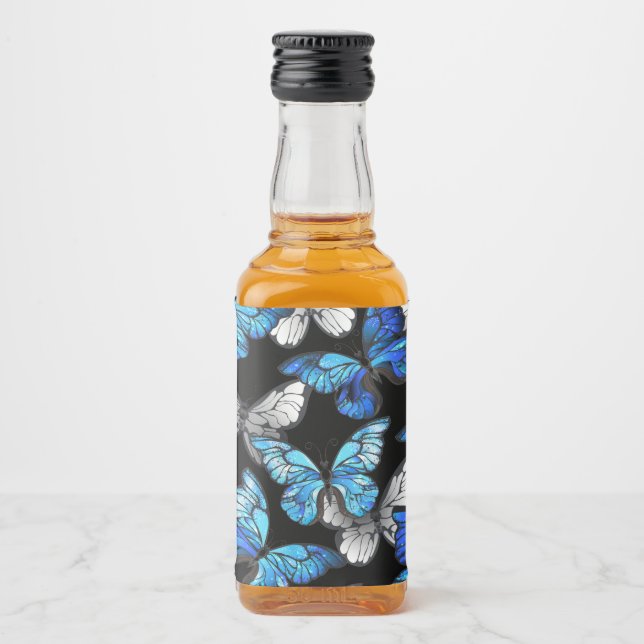 Dark Seamless Pattern with Blue Butterflies Morpho Liquor Bottle Label (Front)